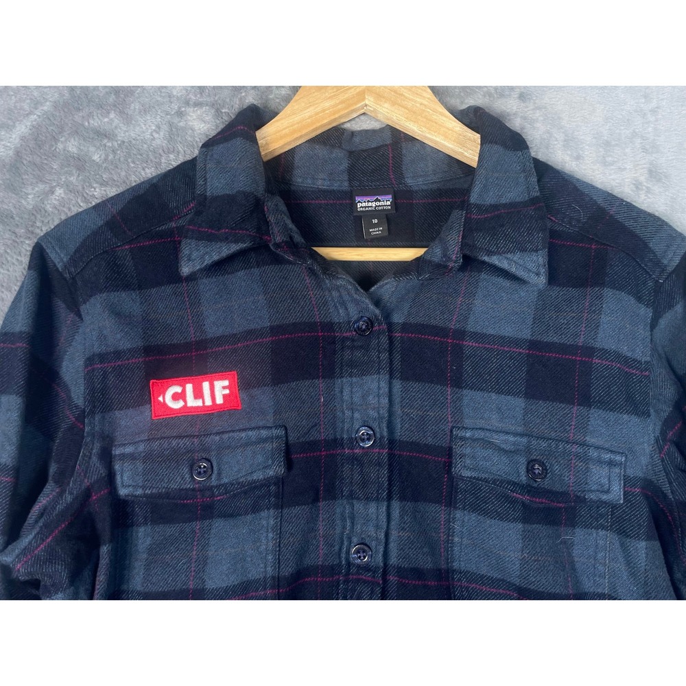 Patagonia Organic Cotton Flannel Shirt Womens 10 Blue Plaid CLIF Bar Patch